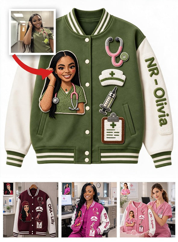 Personalized Black Nurse Life Varsity Jacket - Custom Embroidered Healthcare Appreciation Gift for NR Nursing Staff