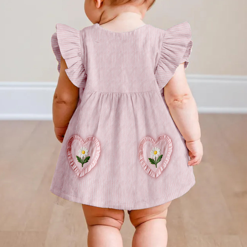 Personalized 5 Year Old Girl Embroidered Pink Ruffle Sleeve Little Girl Dress Custom Name Peony Design Toddler Girl Birthday Gift