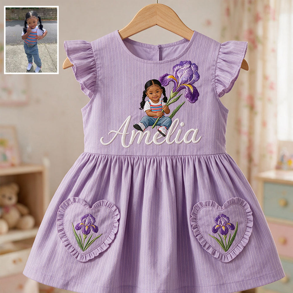 Personalized 5 Year Old Girl Embroidered Pink Ruffle Sleeve Little Girl Dress Custom Name Peony Design Toddler Girl Birthday Gift