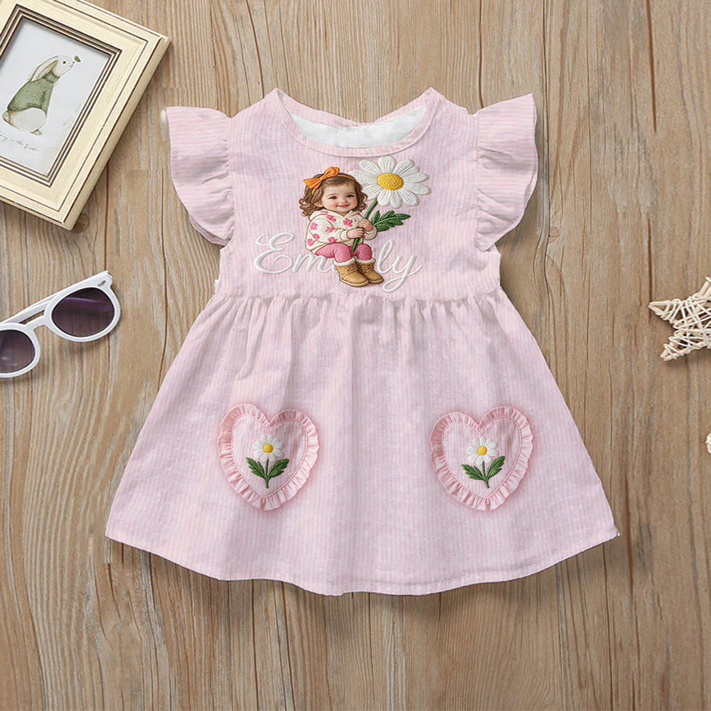 Personalized 2 Year Old Girl Pink Ruffle Sleeve Toddler Dress | Custom Embroidered Young Girl Peony Birthday Gift for Little Girls