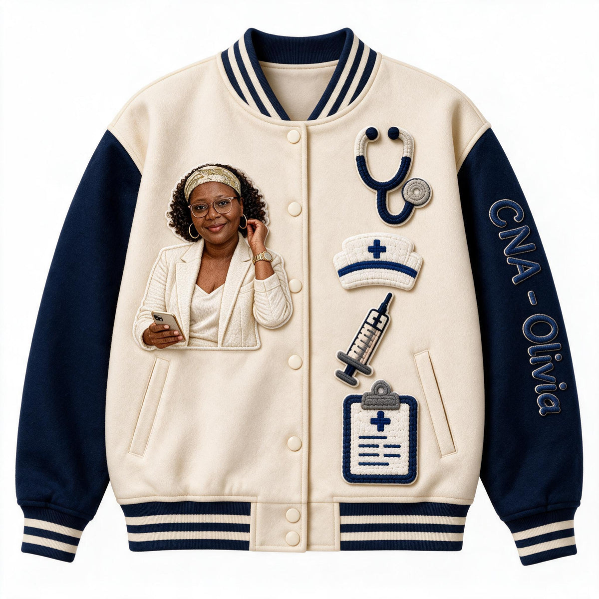 Personalized Custom Photo Old Black Nurse Varsity Jacket, Unique Nurse Life Appreciation Gift for CNA Healthcare Workers
