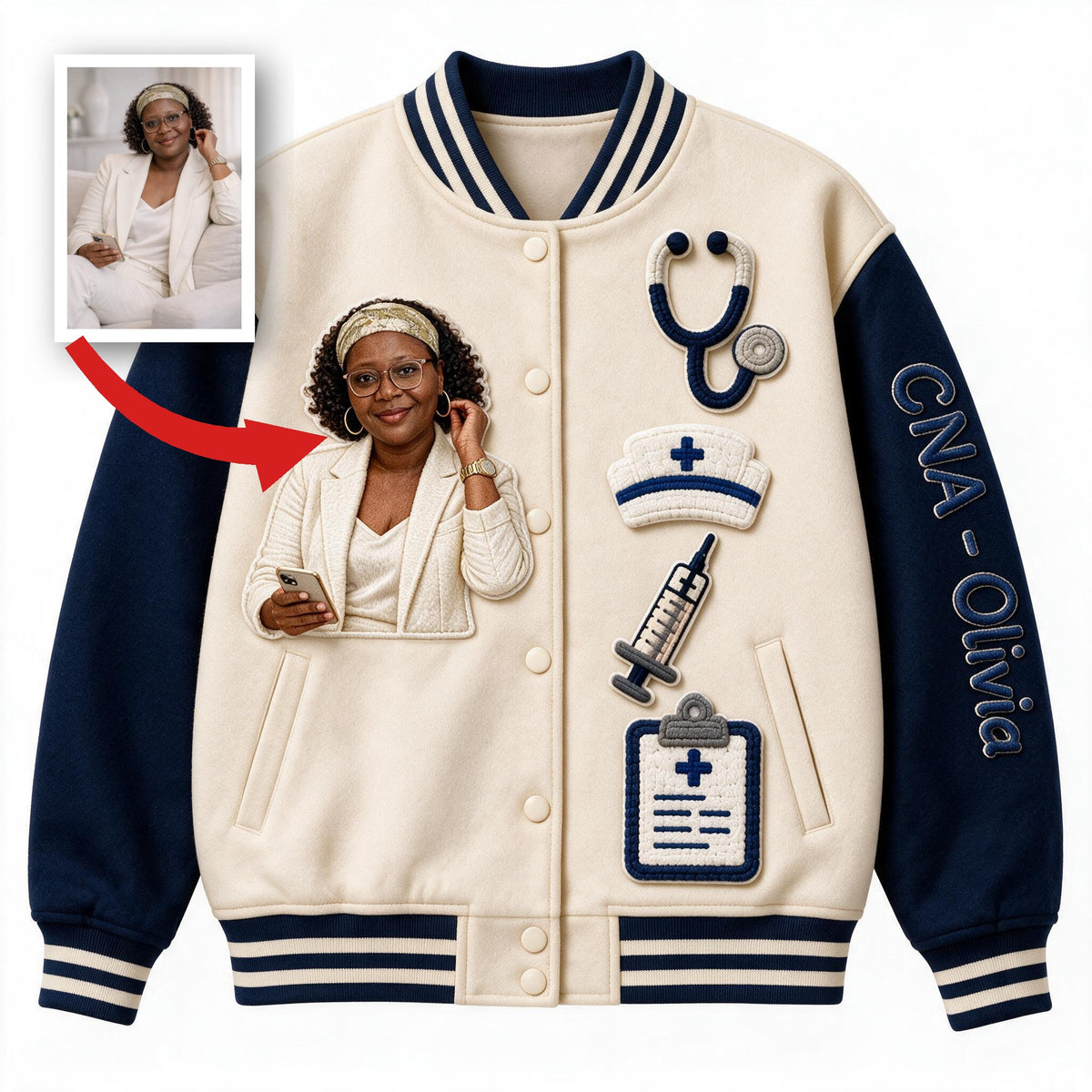Personalized Custom Photo Old Black Nurse Varsity Jacket, Unique Nurse Life Appreciation Gift for CNA Healthcare Workers
