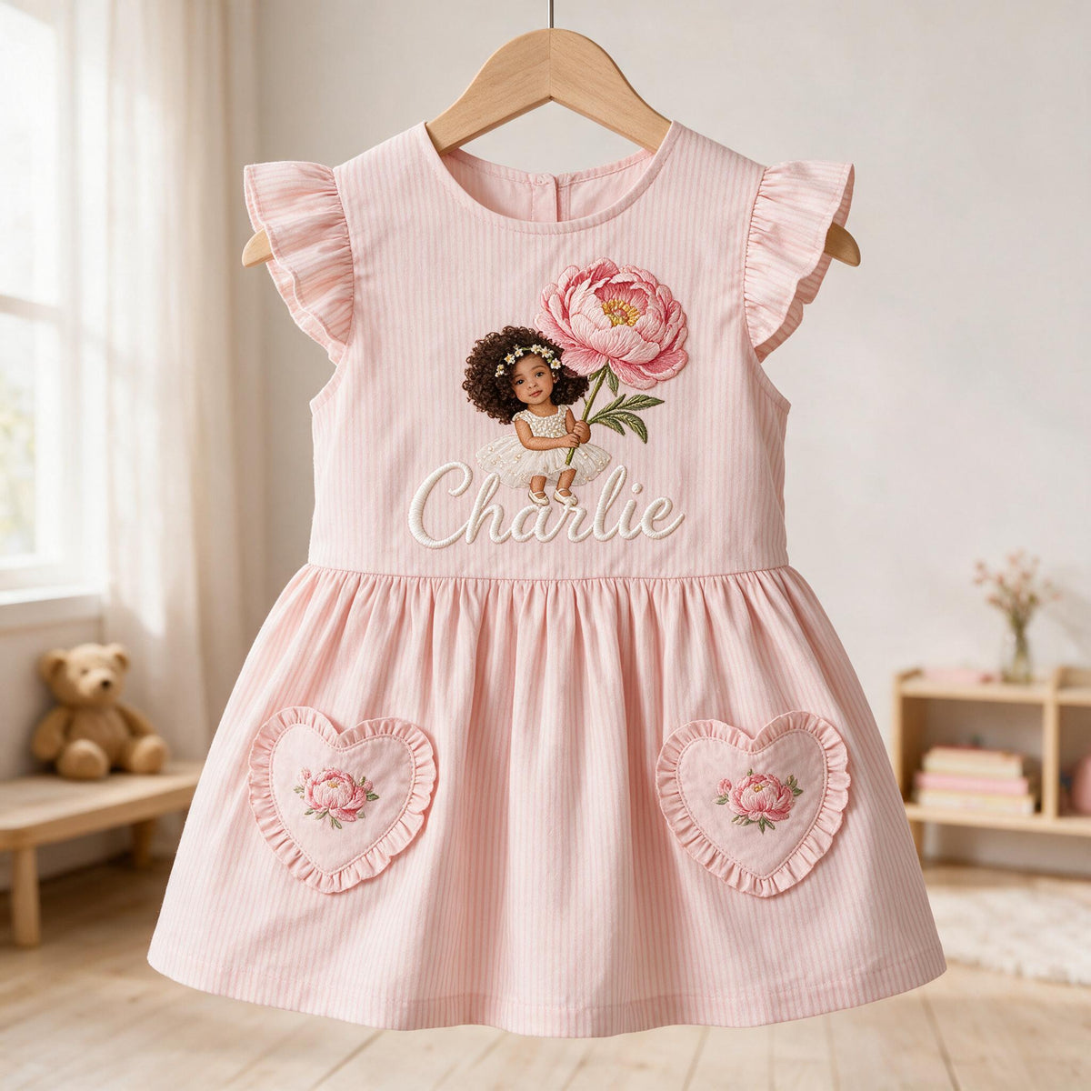 Personalized 4 Year Old Latina Girl Pink Ruffle Sleeve Toddler Girl Dress, Custom Embroidered Young Girl Peony Design, Thoughtful Kids Birthday Gift
