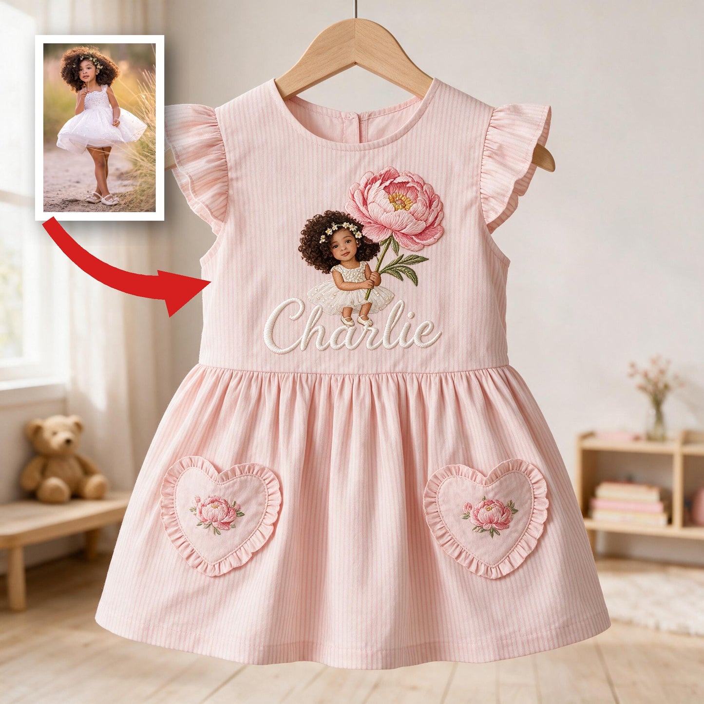 Personalized 4 Year Old Latina Girl Pink Ruffle Sleeve Toddler Girl Dress, Custom Embroidered Young Girl Peony Design, Thoughtful Kids Birthday Gift