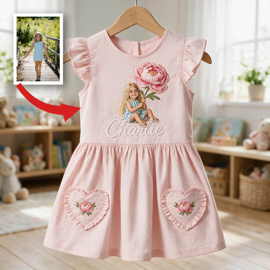 Personalisierte 5-jährige Mädchen besticktes pinkes Rüschensleeve Kleid mit Namen Peony Design Geschenk zum Geburtstag