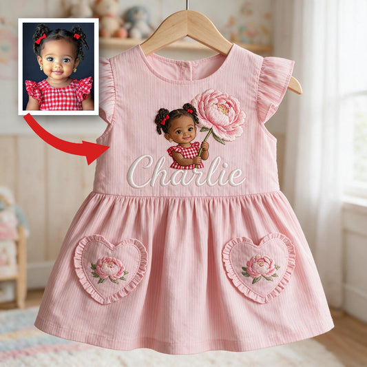 Personalisierbares 2-jähriges Mädchen Kleid mit Rüschensleeves, besticktes Geschenk zur Geburtstagsblume