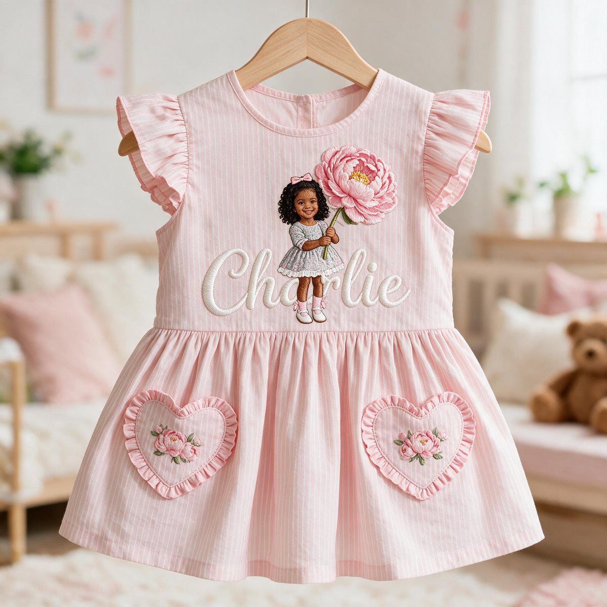 Personalized 4 Year Old Black Girl Pink Ruffle Sleeve Toddler Girl Dress, Custom Embroidered Little Girl Peony Design Keepsake Gift For Kids