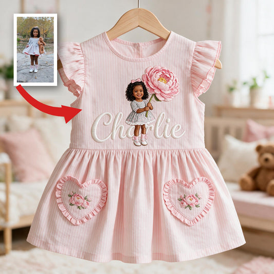 Personalisierte 4-jährige schwarze Mädchen Kleid mit rosa Rüschensleeves, individuell besticktes Geschenk für Kinder
