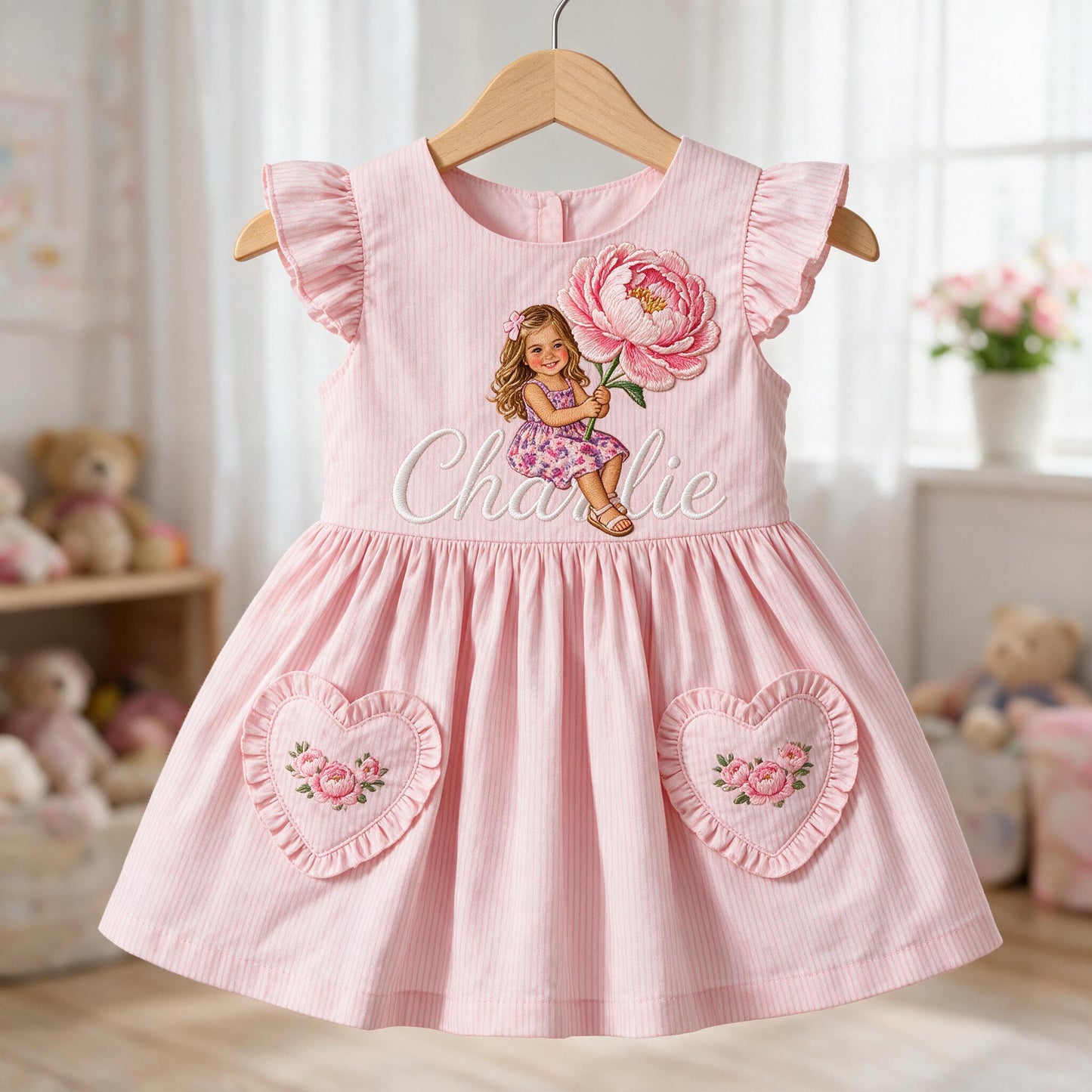 Personalized 4 Year Old Girl Pink Ruffle Sleeve Kids Dress, Cute Embroidered Little Girl Peony Design, Custom Birthday Gift for Girls
