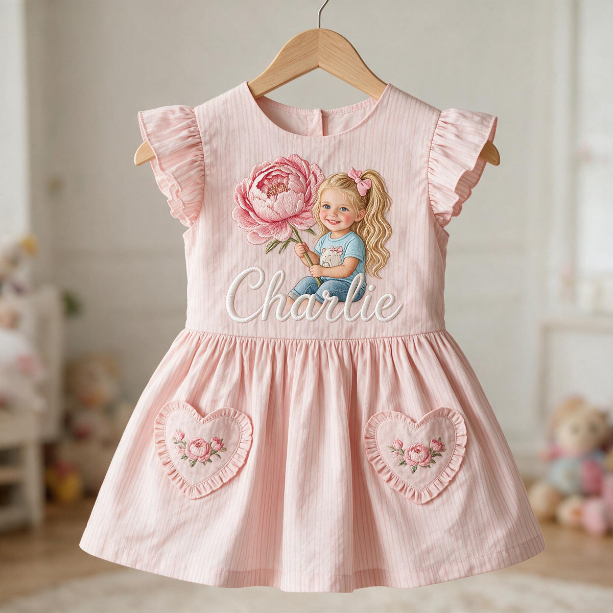 Personalized 2 Year Old Girl Pink Ruffle Sleeve Toddler Dress | Custom Embroidered Young Girl Peony Birthday Gift for Little Girls