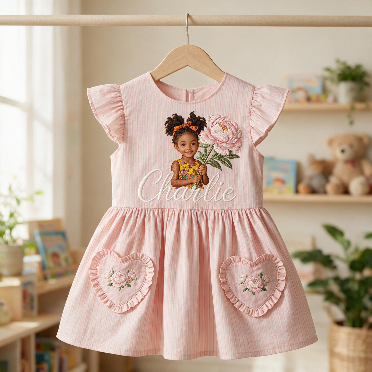Personalized 3 Year Old Girl Pink Ruffle Sleeve Little Black Girl Dress Custom Embroidered Portrait Birth Flower Perfect Gift for Daughter Niece