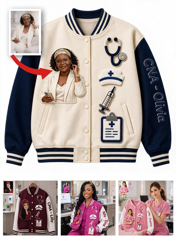 Personalized Custom Photo Old Black Nurse Varsity Jacket, Unique Nurse Life Appreciation Gift for CNA Healthcare Workers