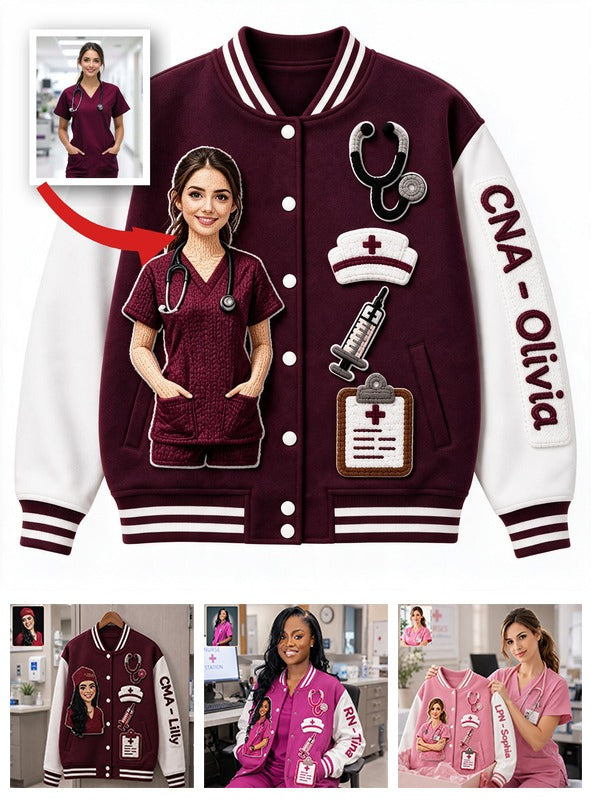 Personalized Nurse Varsity Jacket Custom Nurse Life Appreciation Gift for CNA Healthcare Worker Casual Outerwear