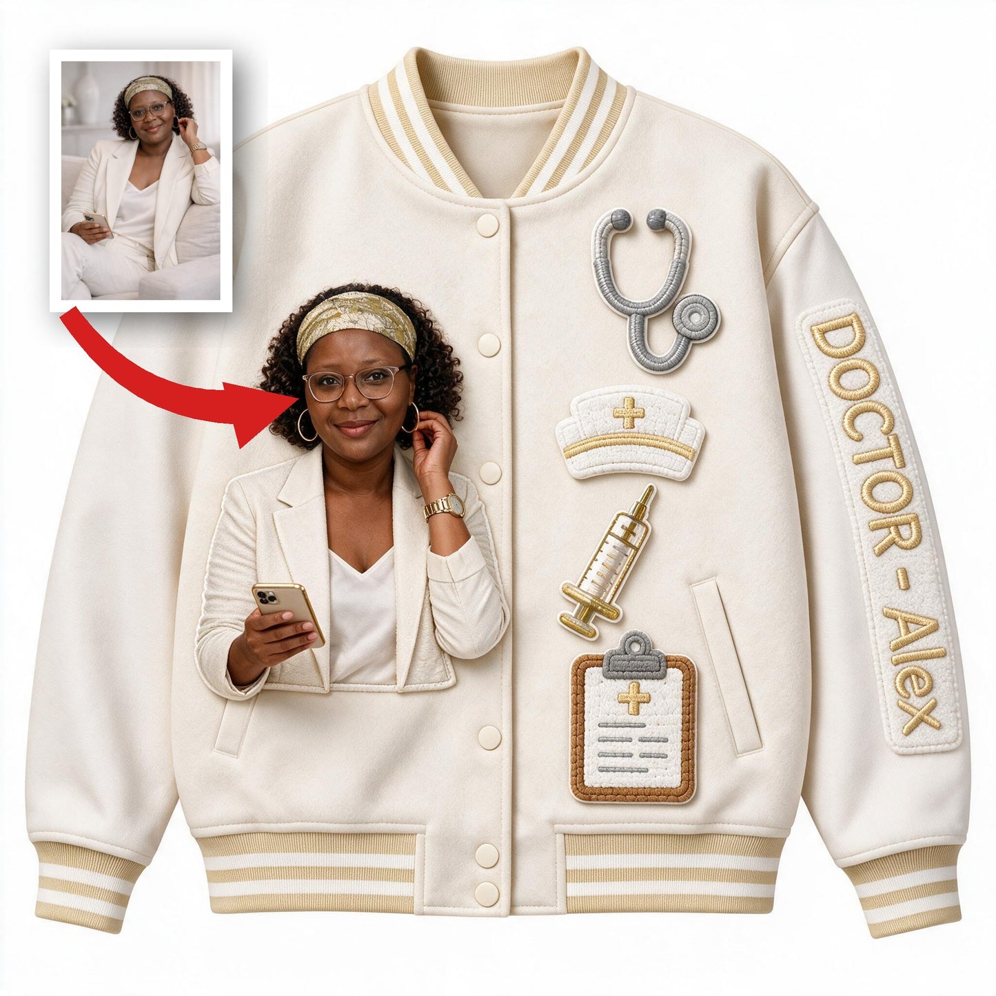 Custom Photo Old Black Doctor Varsity Jacket, Personalized Nursing Appreciation Gift for Healthcare Worker Casual Outerwear