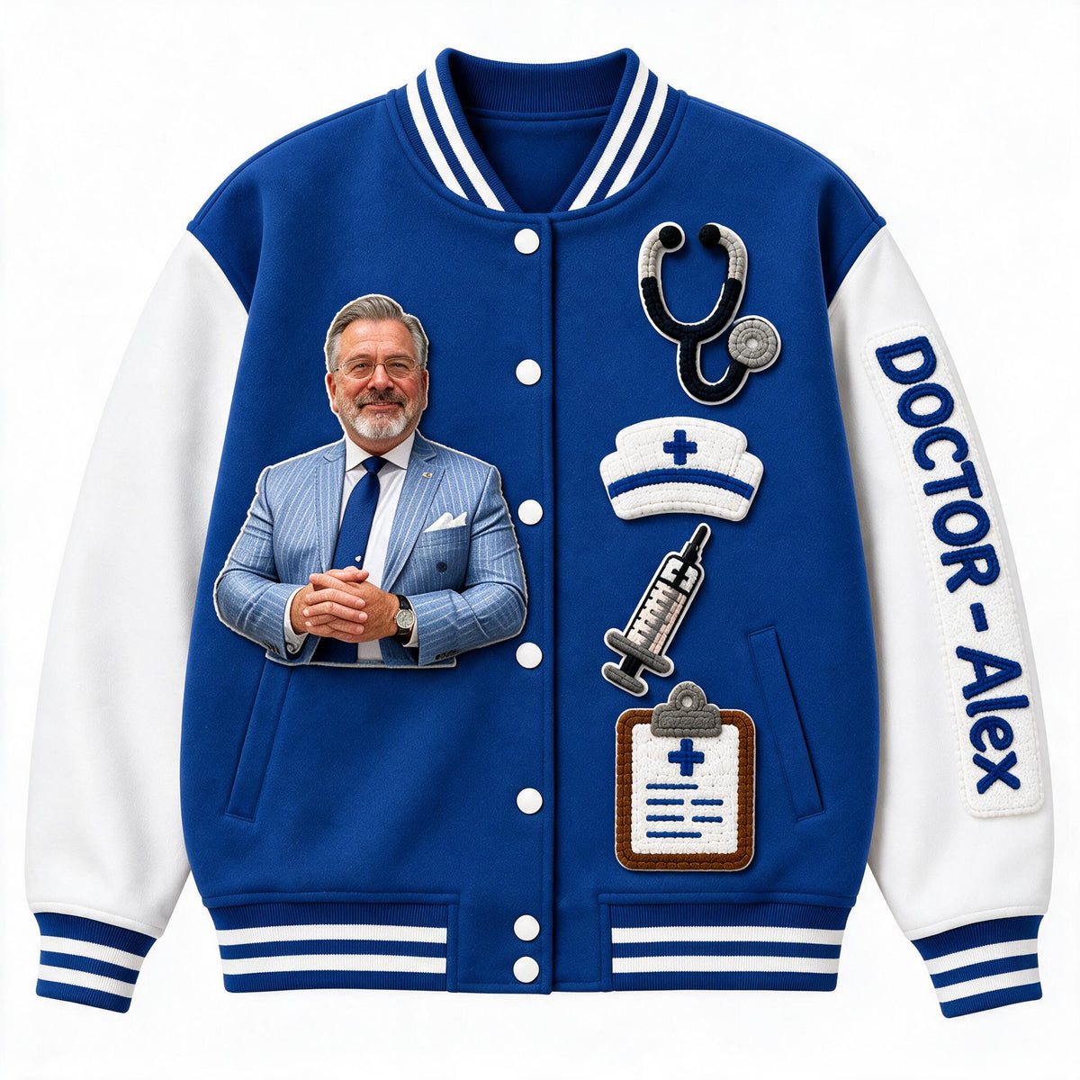 Custom Photo Male Doctor Varsity Jacket, Personalized Appreciation Gift for Doctor & Healthcare Staff