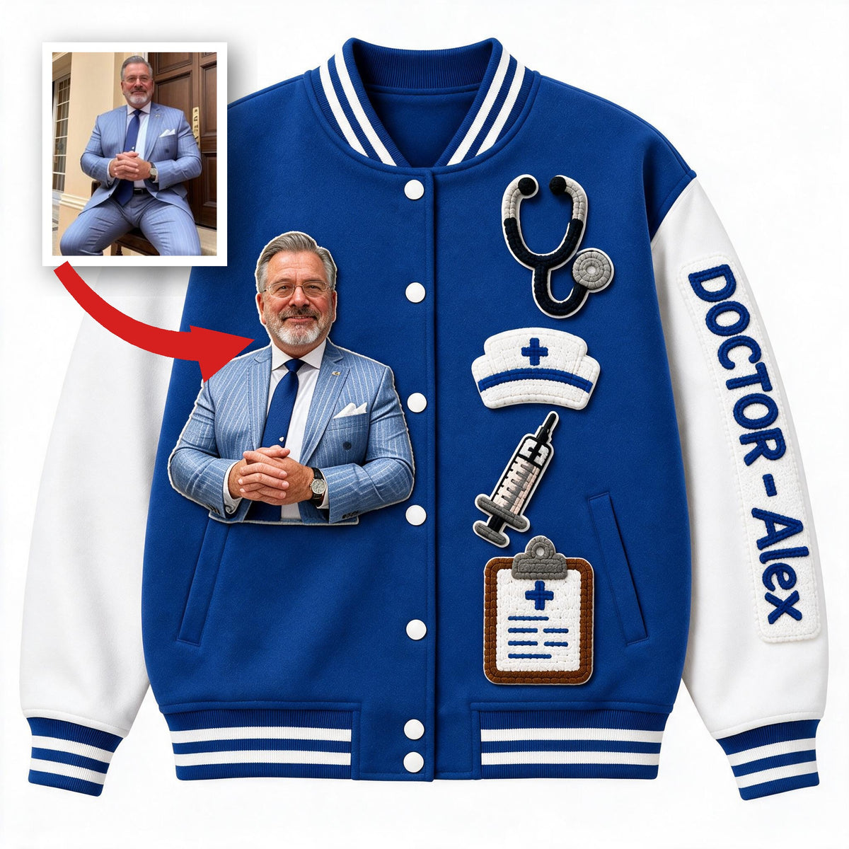 Custom Photo Male Doctor Varsity Jacket, Personalized Appreciation Gift for Doctor & Healthcare Staff