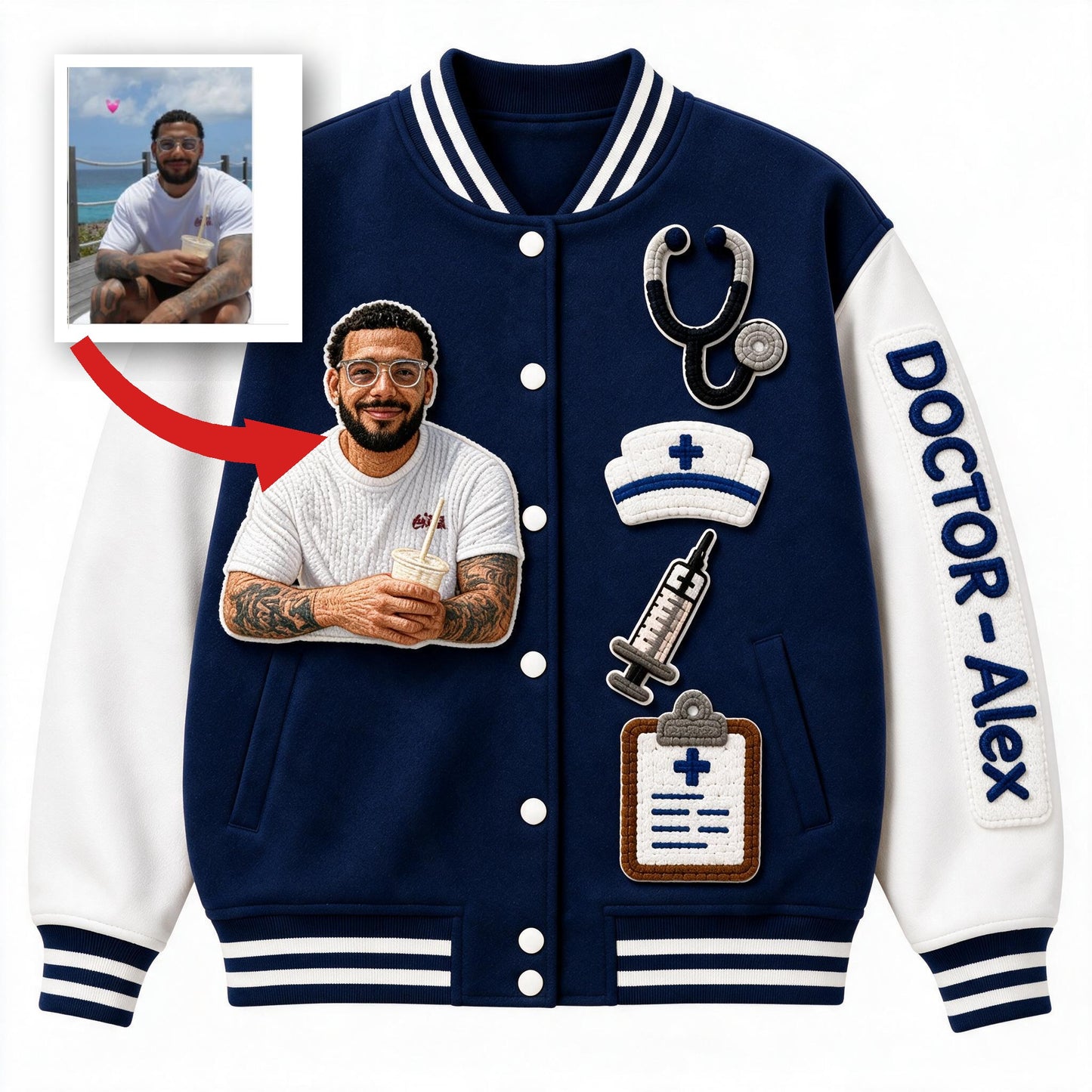 Personalized Male Doctor Varsity Jacket Custom Photo Print Appreciation Gift for Black Doctor