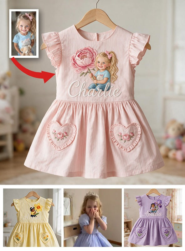 Personalized 2 Year Old Girl Pink Ruffle Sleeve Toddler Dress | Custom Embroidered Young Girl Peony Birthday Gift for Little Girls