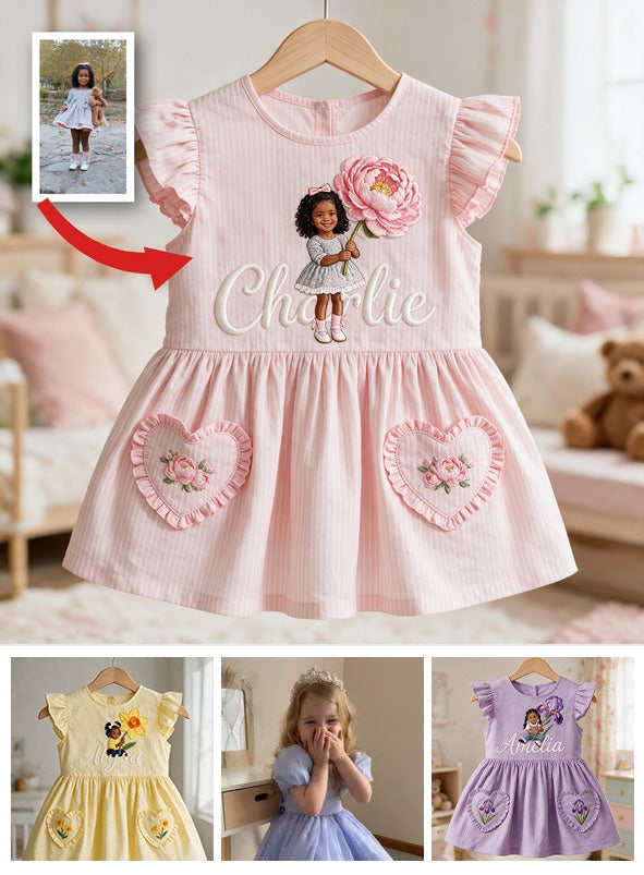 Personalized 4 Year Old Black Girl Pink Ruffle Sleeve Toddler Girl Dress, Custom Embroidered Little Girl Peony Design Keepsake Gift For Kids