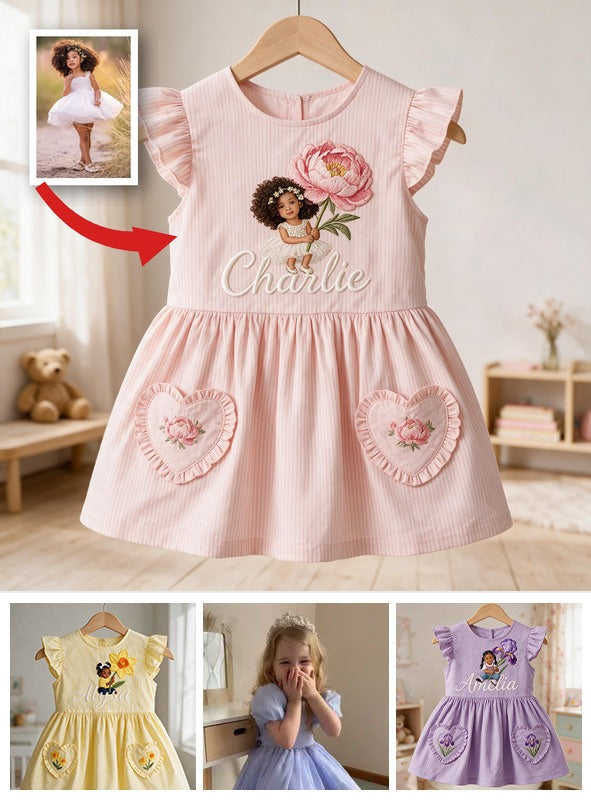 Personalized 4 Year Old Latina Girl Pink Ruffle Sleeve Toddler Girl Dress, Custom Embroidered Young Girl Peony Design, Thoughtful Kids Birthday Gift