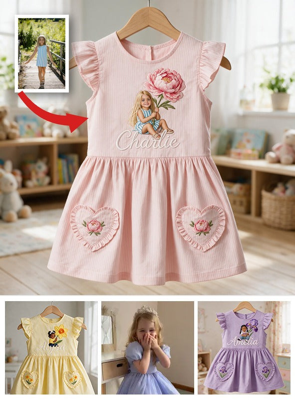 Personalized 5 Year Old Girl Embroidered Pink Ruffle Sleeve Little Girl Dress Custom Name Peony Design Toddler Girl Birthday Gift