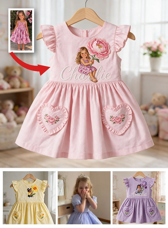 Personalized 4 Year Old Girl Pink Ruffle Sleeve Kids Dress, Cute Embroidered Little Girl Peony Design, Custom Birthday Gift for Girls