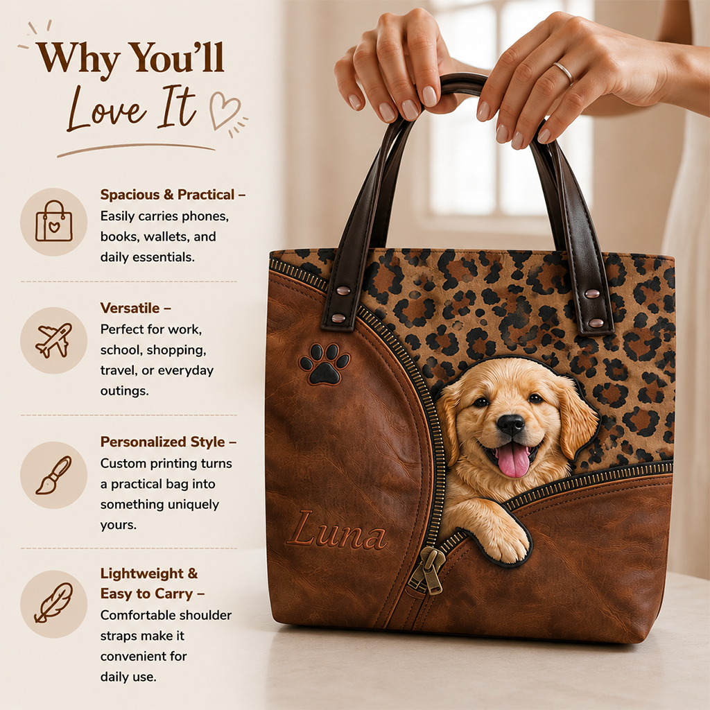Personalized Peeking Golden Retriever Tote Bag Custom Name Leopard Print Gift for Dog Owners & Pet Lovers