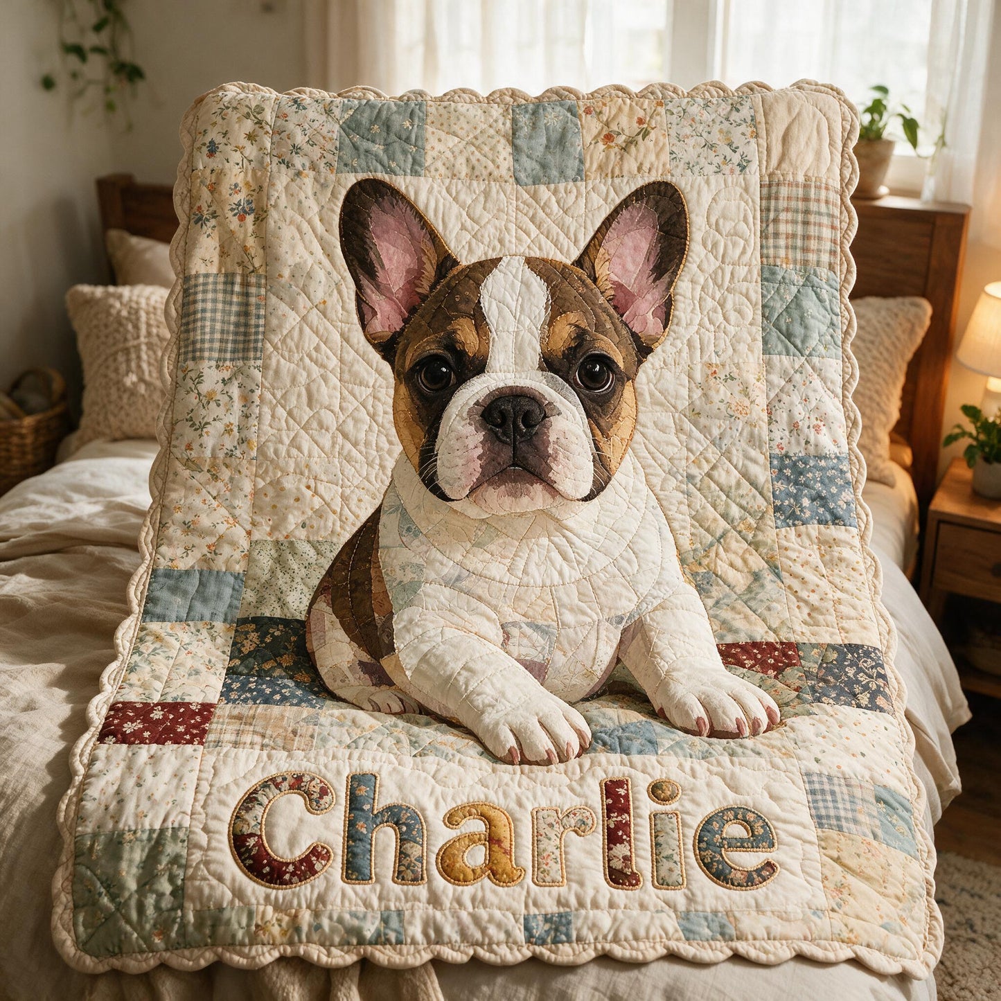 Patchwork French Bulldog Personalized Fleece Blanket, Cozy Custom Pet Lover Gift Soft Shaped Throw for Home Travel & Gifting