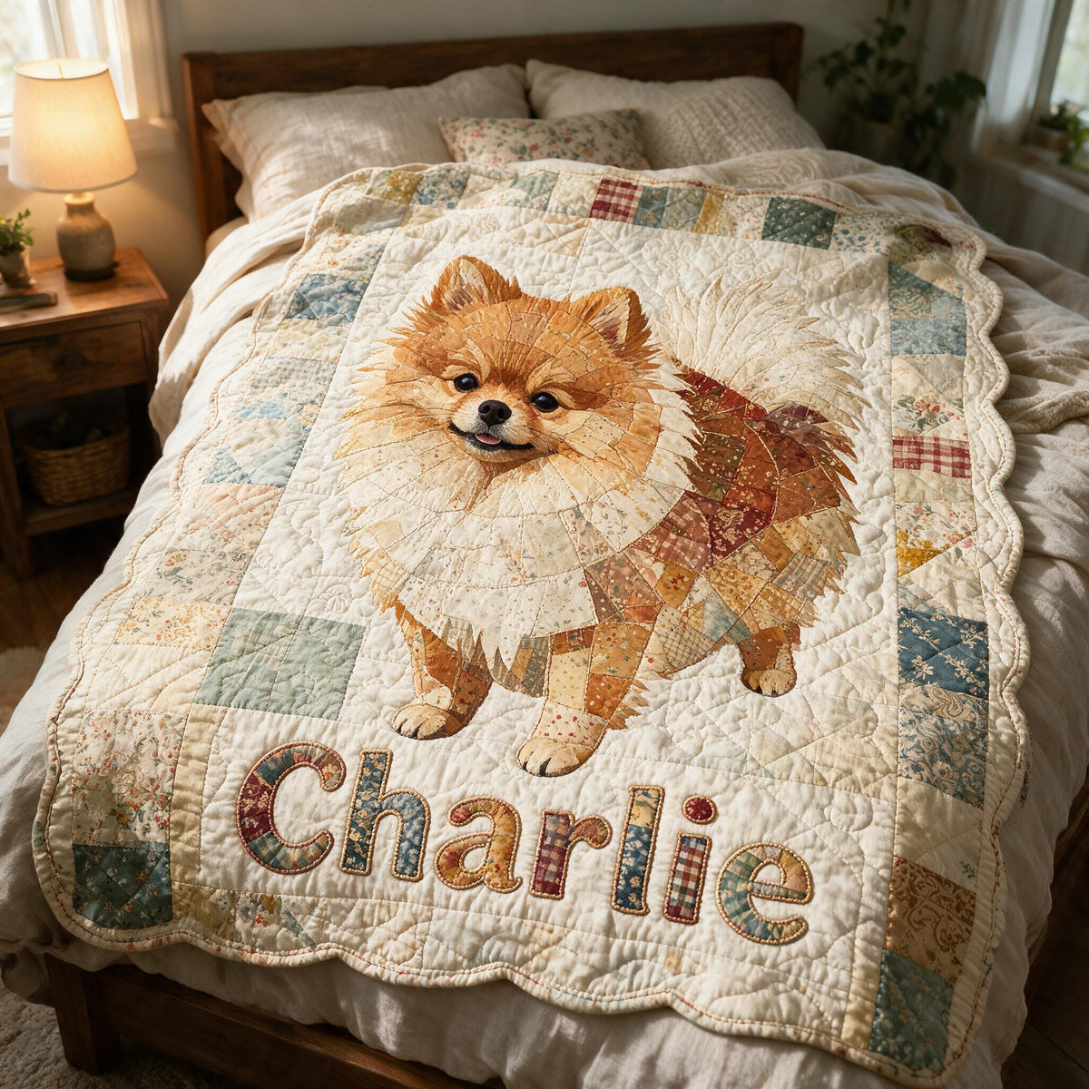 Personalized Fluffy Orange Pomeranian Patchwork Fleece Blanket, Cute Custom Gift for Pomeranian Dog Lovers Home Decor