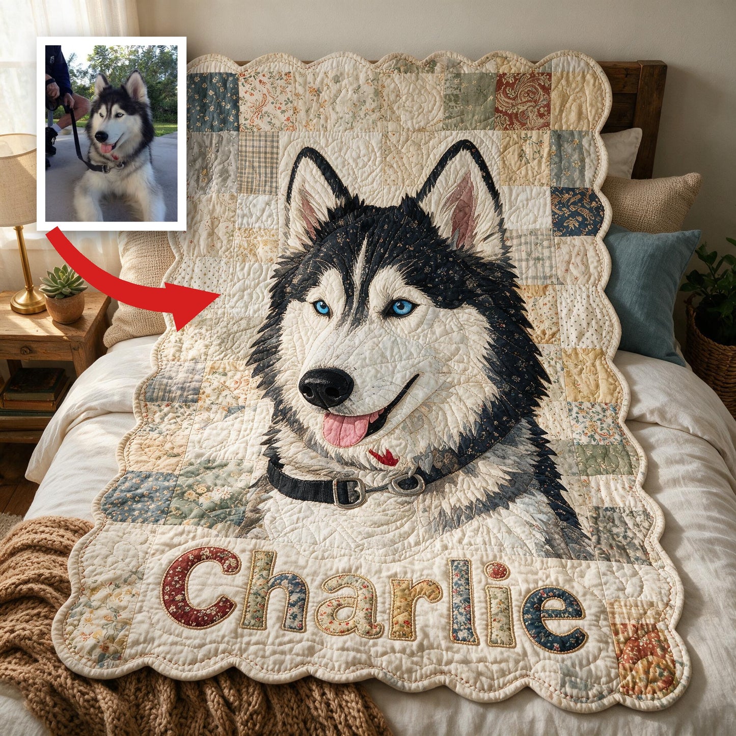 Personalized Blue Eyed Siberian Husky Patchwork Fleece Blanket, Custom Dog Owner Gift Cozy Home Decor