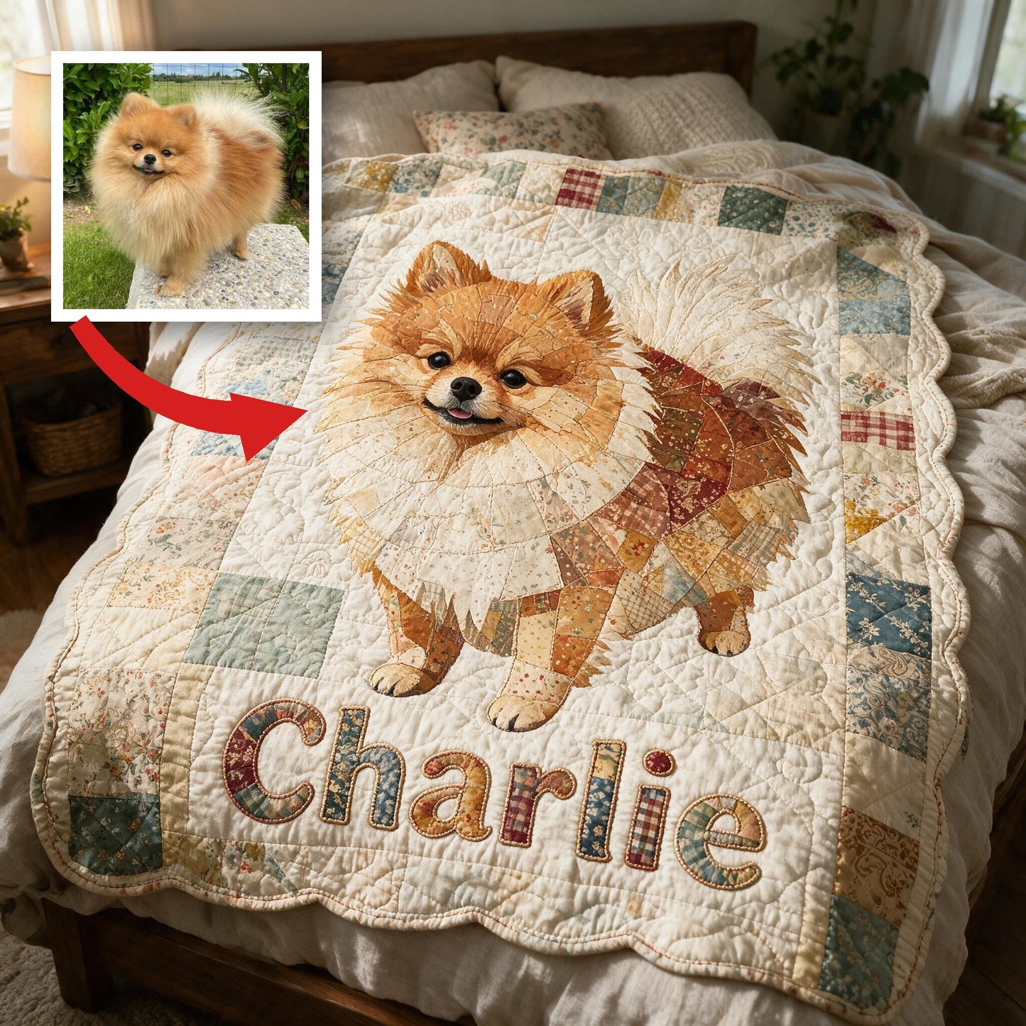 Personalized Fluffy Orange Pomeranian Patchwork Fleece Blanket, Cute Custom Gift for Pomeranian Dog Lovers Home Decor