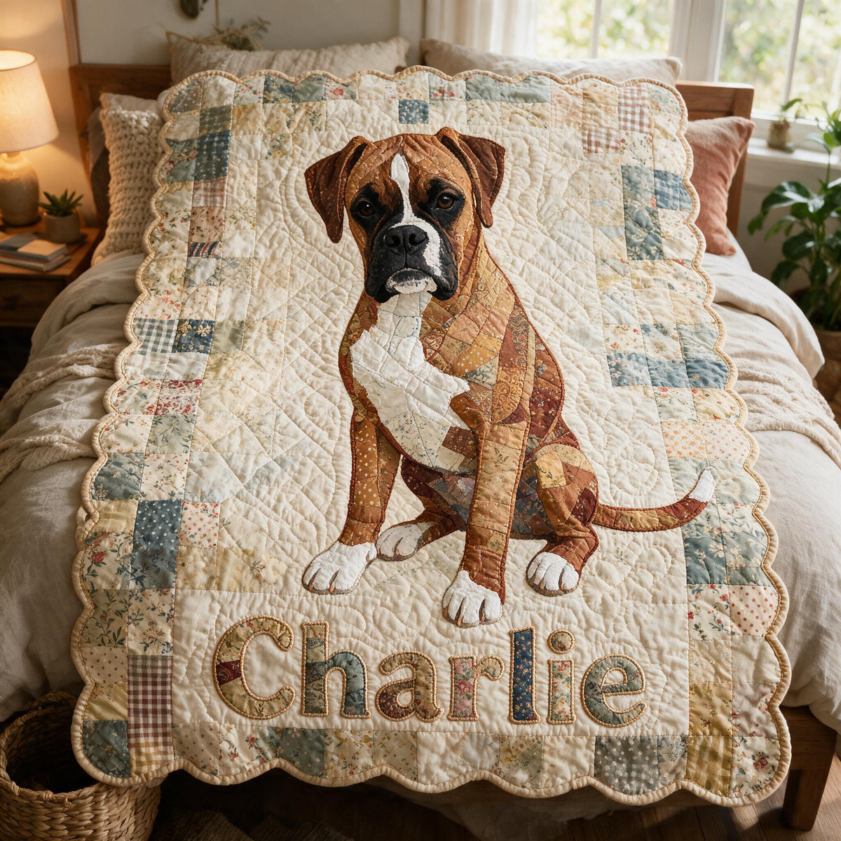Personalized Short-Haired Boxer Dog Patchwork Fleece Blanket, Cozy Custom Gift for Boxer Owners and Dog Lovers