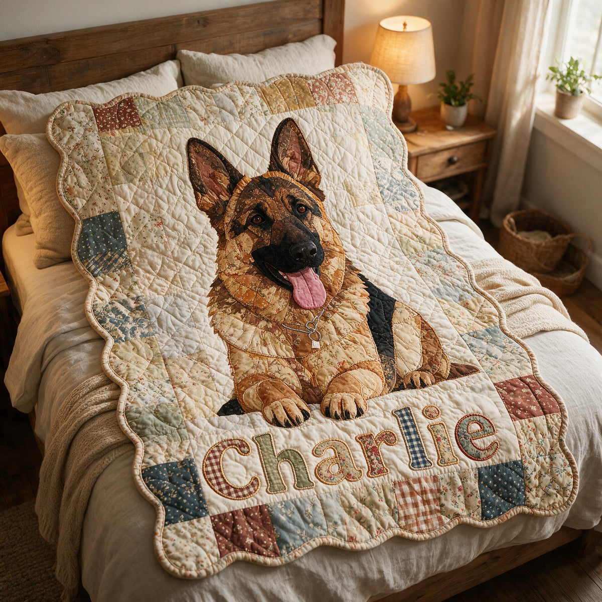 Personalized Adult German Shepherd Patchwork Shaped Fleece Blanket, Cozy Custom Gift for Dog Lovers Home Decor