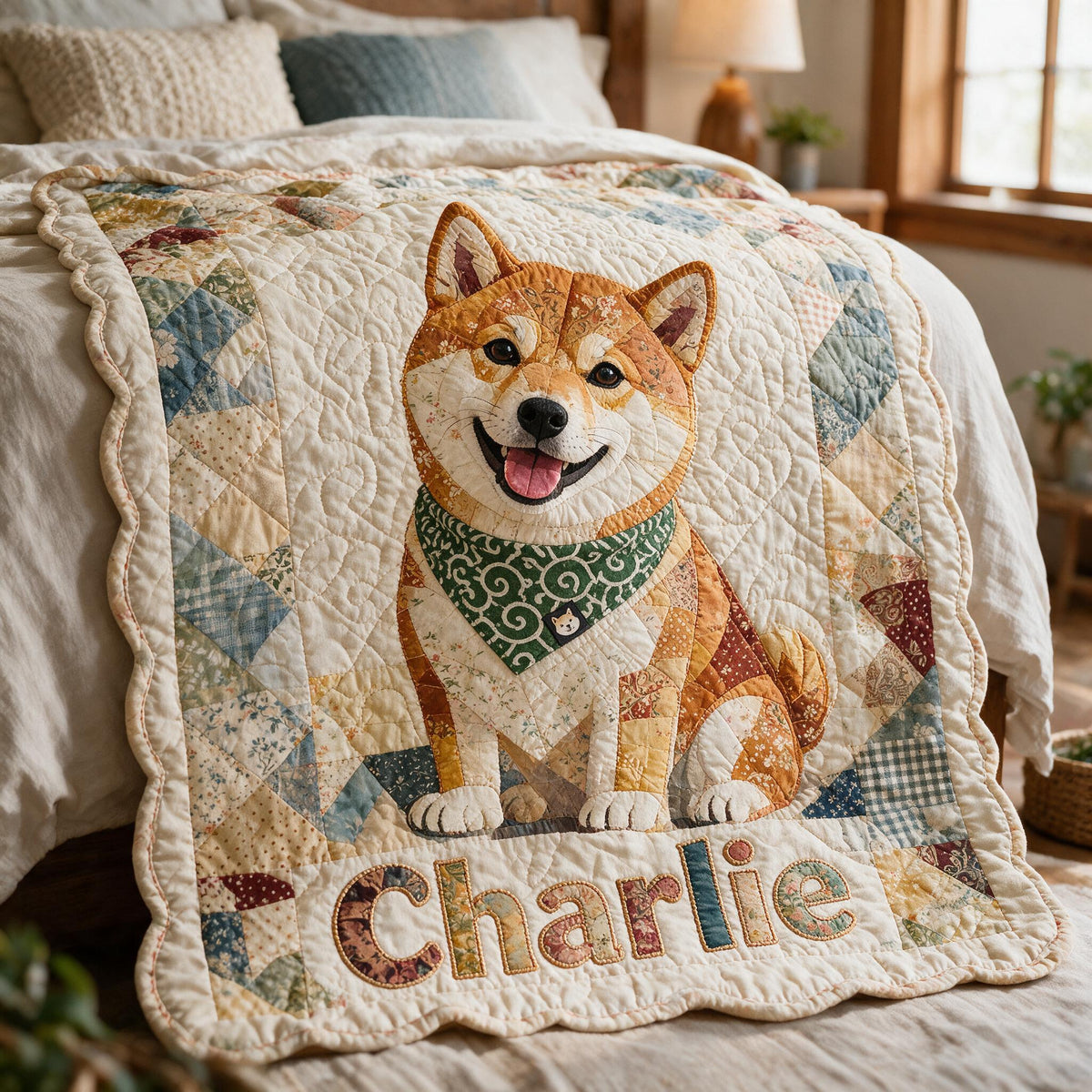 Personalized Smiling Japanese Shiba Inu Patchwork Fleece Blanket, Cozy Gift for Shiba Inu Dog Lovers Home Decor