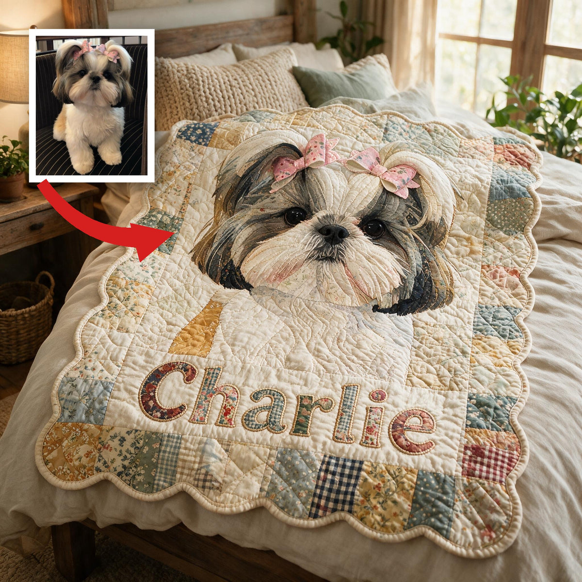Cute Long Haired Shih Tzu Personalized Patchwork Fleece Blanket, Cozy Gift for Dog Lovers Pet Owner Home Decor