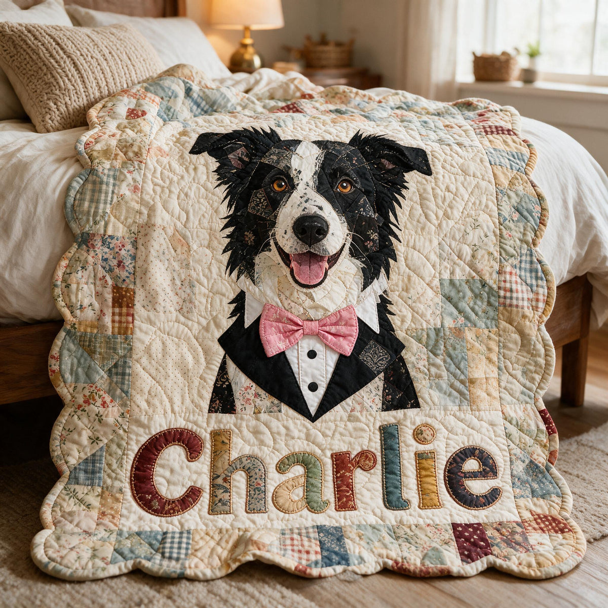 Personalized Patchwork Border Collie Fleece Blanket, Cozy Custom Gift for Border Collie Owners and Pet Lovers