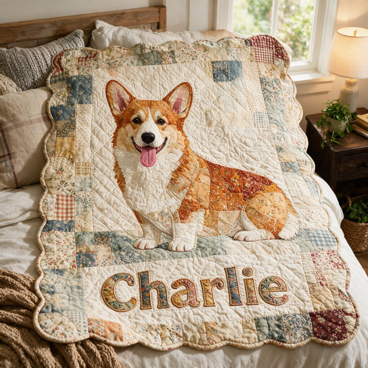 Personalized Patchwork Welsh Corgi Fleece Blanket, Cute Smiling Corgi Dog Lover Cozy Throw for Gifting and Home Decor