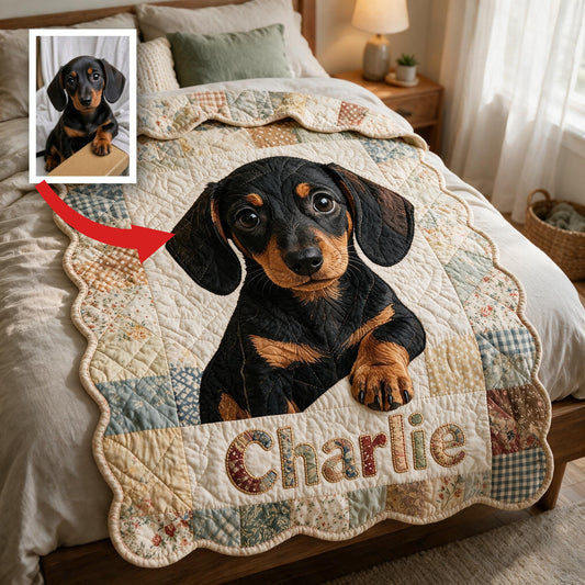 Personalized Short-Legged Black & Tan Dachshund Patchwork Fleece Blanket | Cozy Custom Gift For Dachshund Lovers Home Decor