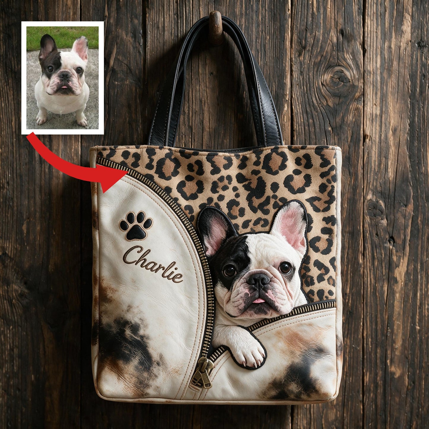 Personalized Peeking French Bulldog Tote Bag Custom Name Leopard Print Pet Lover Gift for Frenchie Dog Owner Everyday Carryall