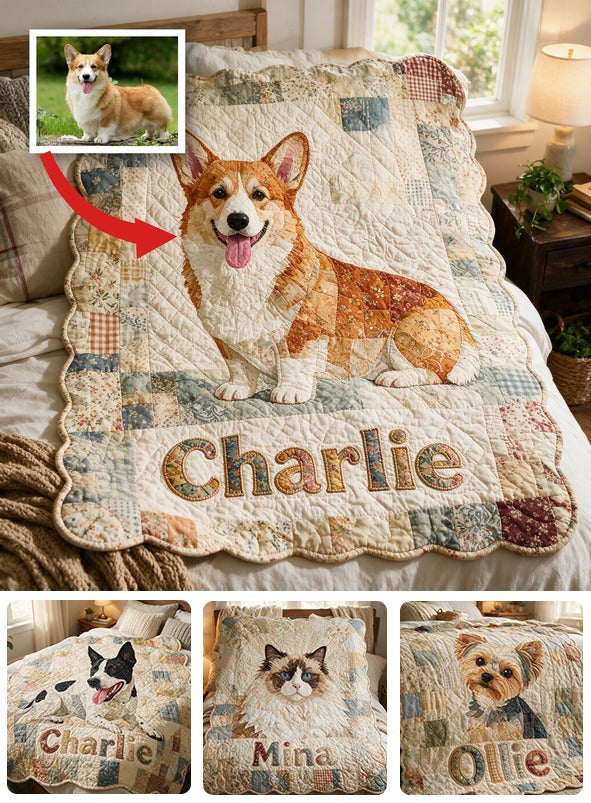Personalized Patchwork Welsh Corgi Fleece Blanket, Cute Smiling Corgi Dog Lover Cozy Throw for Gifting and Home Decor