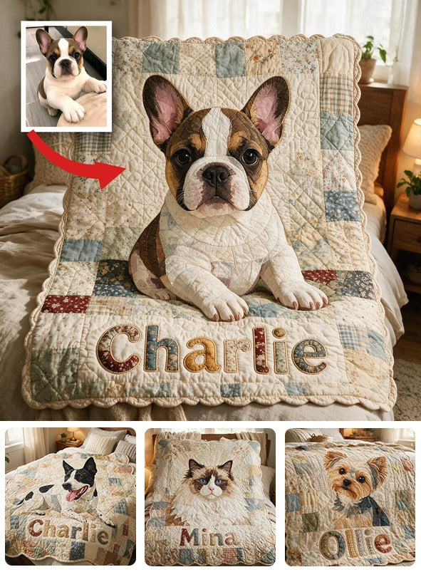 Patchwork French Bulldog Personalized Fleece Blanket, Cozy Custom Pet Lover Gift Soft Shaped Throw for Home Travel & Gifting