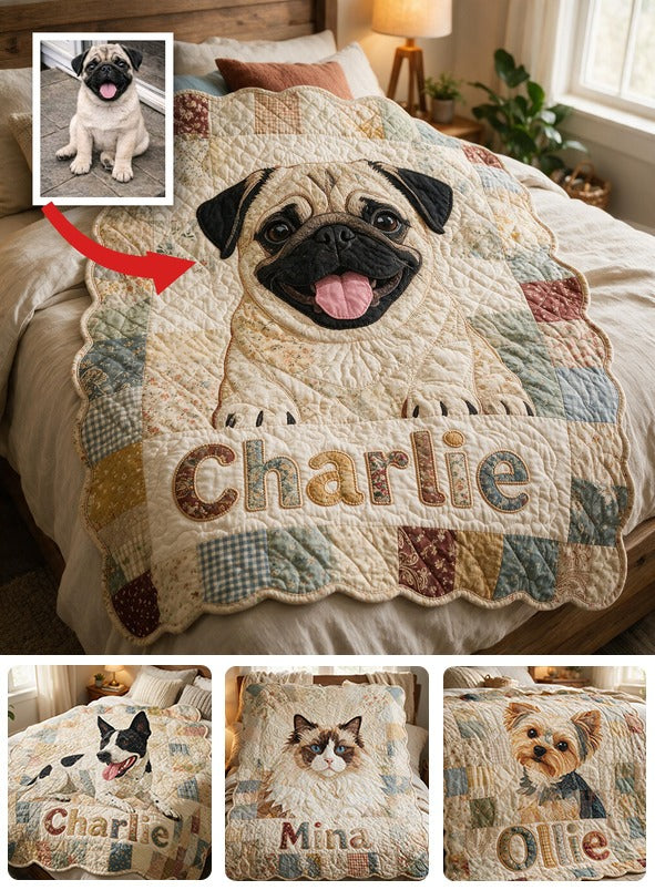 Happy Smiling Fawn Pug Shaped Personalized Patchwork Fleece Blanket - Cozy Gift For Pug Lovers & Dog Owners