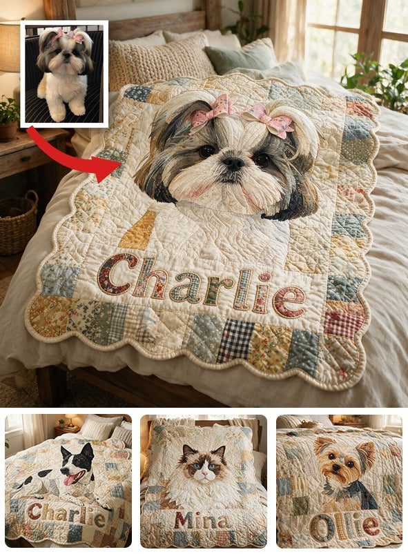 Cute Long Haired Shih Tzu Personalized Patchwork Fleece Blanket, Cozy Gift for Dog Lovers Pet Owner Home Decor