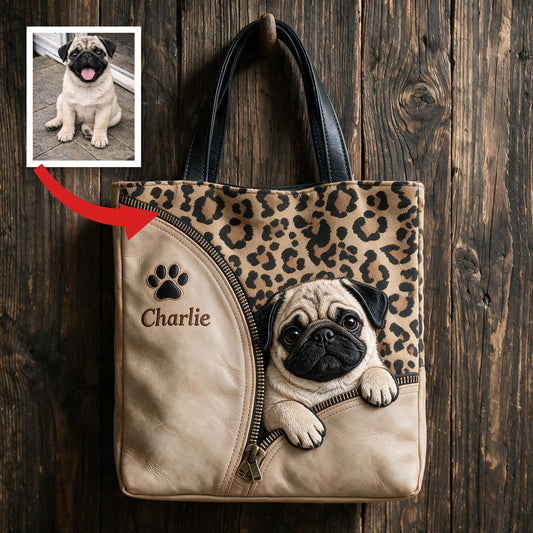 Personalisierte Peekende Reh-Pug Tragetasche mit Leopardenmuster Geschenk für Pug-Liebhaber