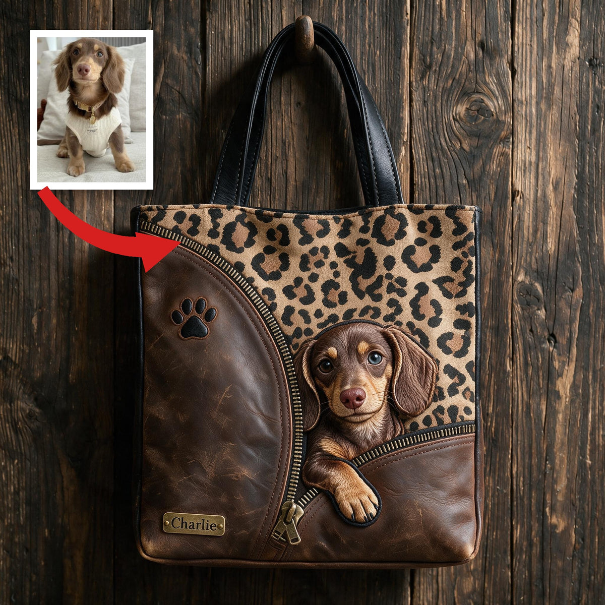 Personalized Peeking Dachshund Tote Bag, Custom Dog Lover Gift Stylish Leopard Print Pet Carryall for Everyday Use