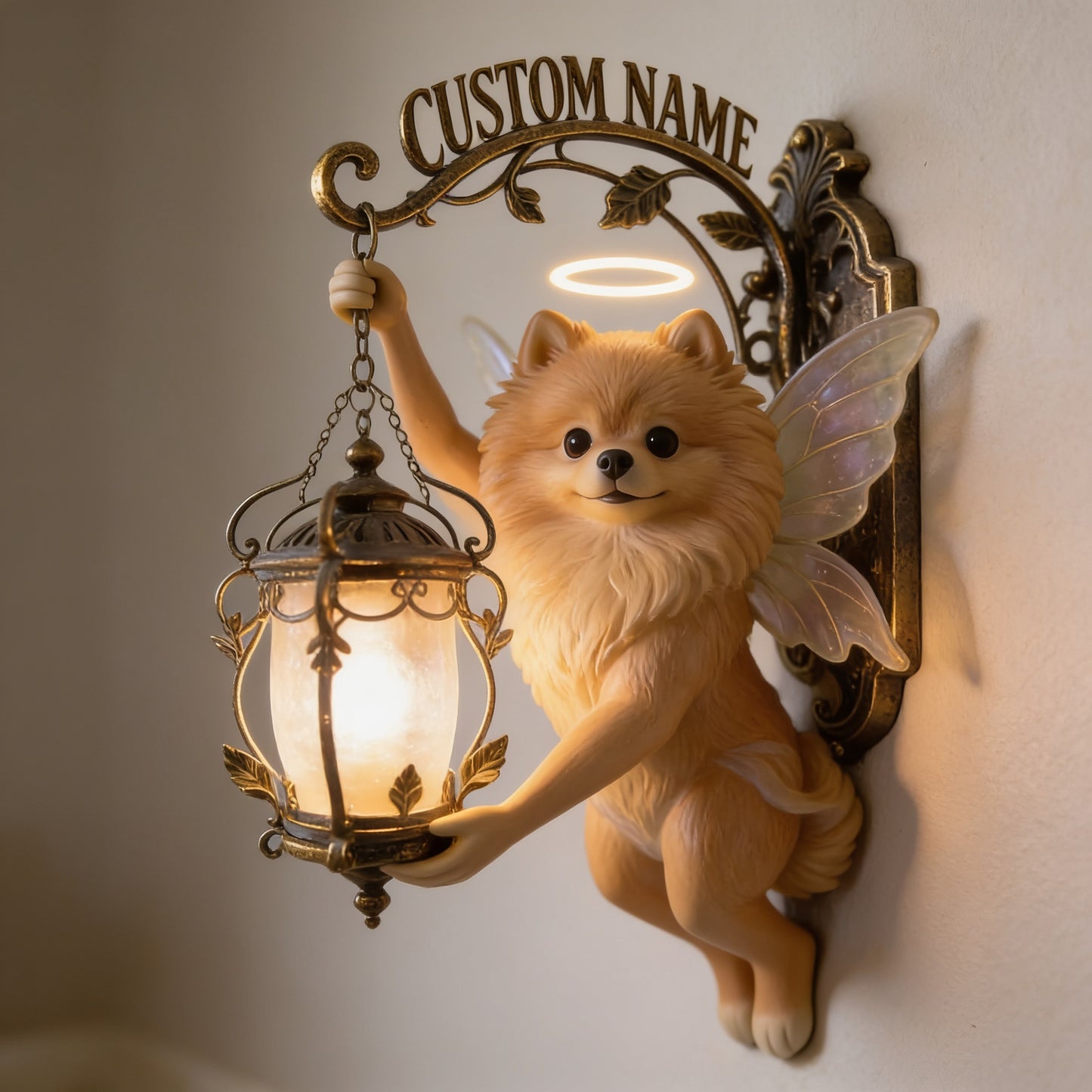 Personalized Fluffy Pomeranian Fairy Lantern Wooden Wall Mount Sign, Cute Dog Lover Home Decor Gift