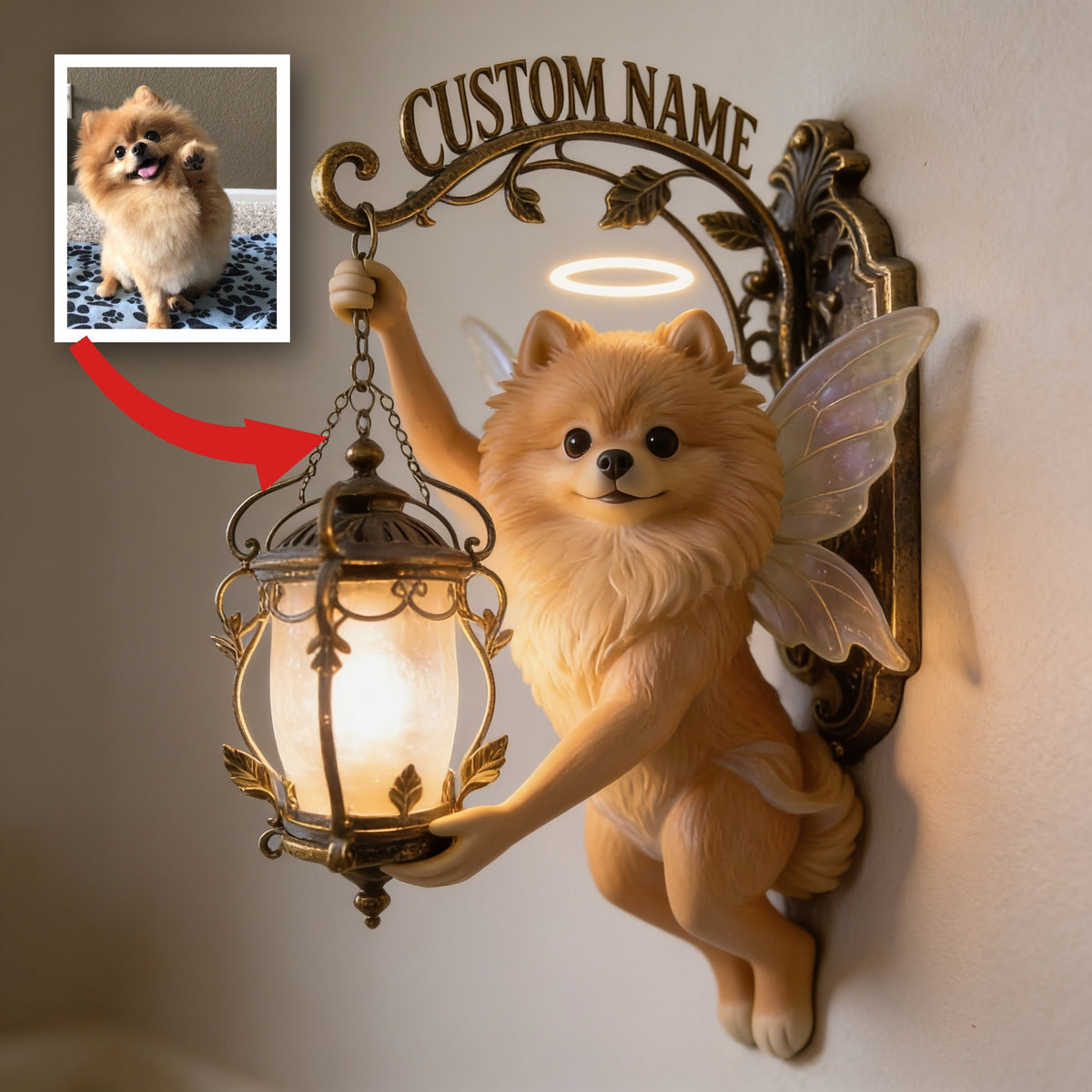 Personalized Fluffy Pomeranian Fairy Lantern Wooden Wall Mount Sign, Cute Dog Lover Home Decor Gift