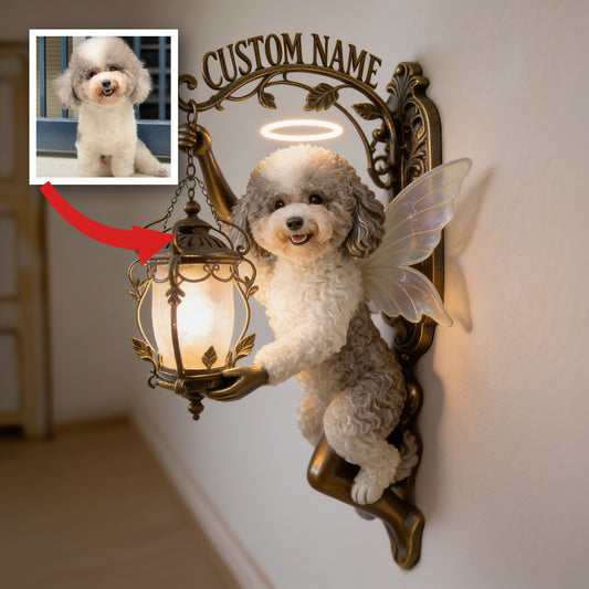 Personalisierte Engel Pudel Holz Wandmontageschild, niedliches lockiges Feen-Pudel Wohnaccessoire Geschenk für Hundefreunde