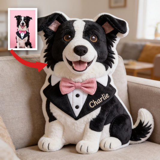 Personalisierte Schwarz-Weiß Border Collie Kunstfell Kissen, Geschenk für Hundeliebhaber