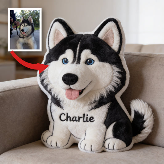 Personalized Blue Eyed Siberian Husky Faux Fur Shaped Pillow, Custom Dog Lover Home Decor Gift
